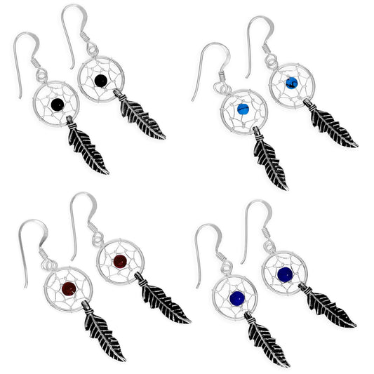 Sterling Silver Dreamcatcher Dangle Drop Earrings Agate Turquoise Garnet Lapis