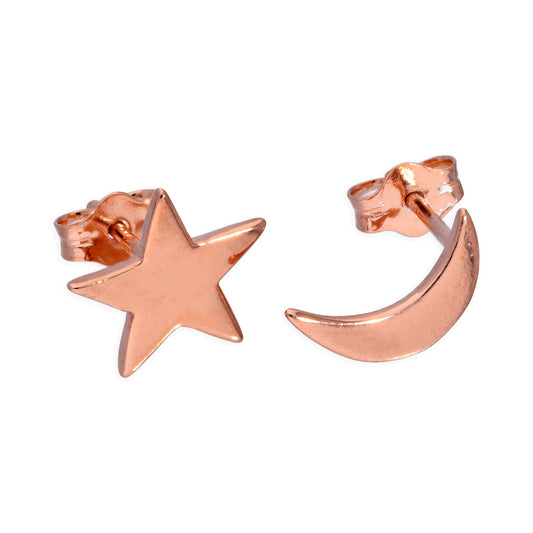 Rose Gold Plated Sterling Silver Moon & Star Stud Earrings