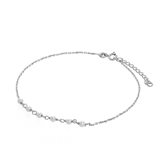 Sterling Silver & Pearl Hammered Trace Anklet 9 + 1.5 Inches