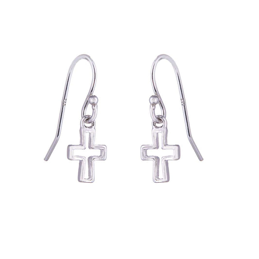 Sterling Silver Cross Outline Charm Fishhook Earrings