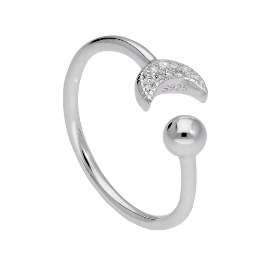 Sterling Silver & CZ Crescent Moon Adjustable Ring