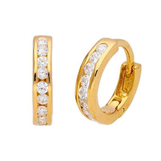 Gold Plated Sterling Silver CZ Channel Set Huggie 14mm Hoop Earrings