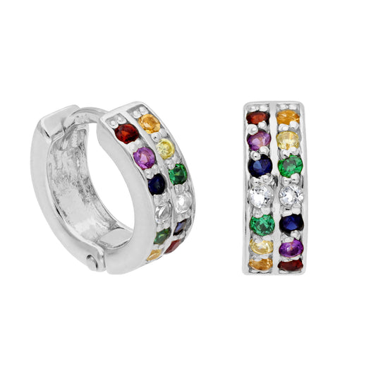 Sterling Silver Double Channel Rainbow CZ 12mm Hoop Earrings