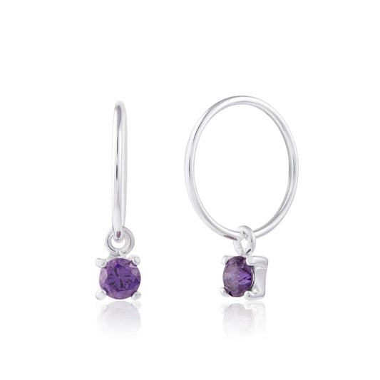 Sterling Silver Amethyst CZ February 12mm Charm Hoop Earrings