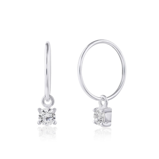 Sterling Silver CZ April Birthstone 12mm Charm Hoop Earrings