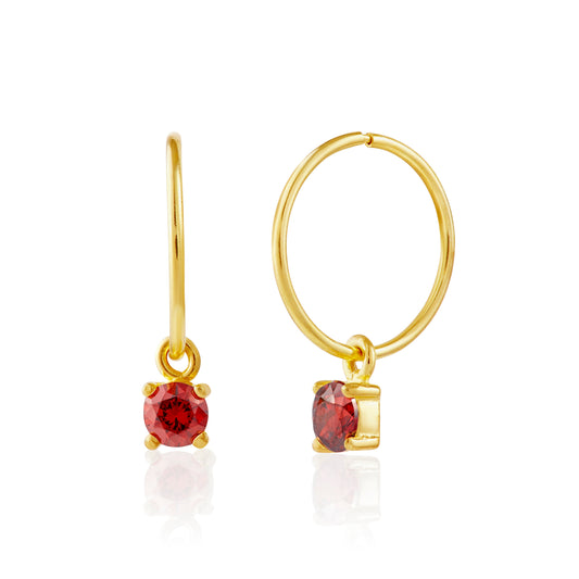 Gold Plated Sterling Silver Garnet CZ 12mm Charm Hoop Earrings