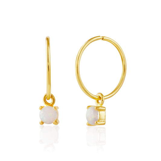 Gold Plated Sterling Silver Opal CZ 12mm Charm Hoop Earrings