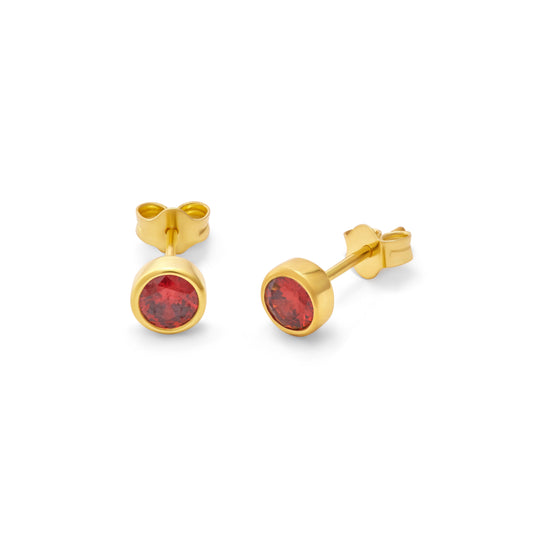 Gold Plated Sterling Silver Garnet CZ Rub Over 4mm Stud Earrings