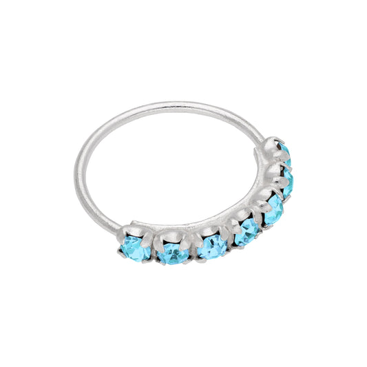 Sterling Silver Aquamarine 7 CZ Pave 10mm 22Ga Nose Ring