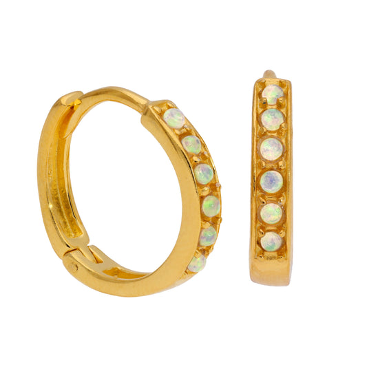 Gold Plated Sterling Silver Opal CZ Pave 15mm Huggie Hoop Earrings