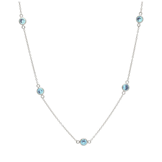 Sterling Silver Multi Aquamarine CZ March Birthstone Rub Over Necklace