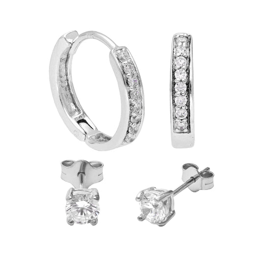 Sterling Silver CZ 15mm Huggies & 4mm Claw Stud Earrings Set