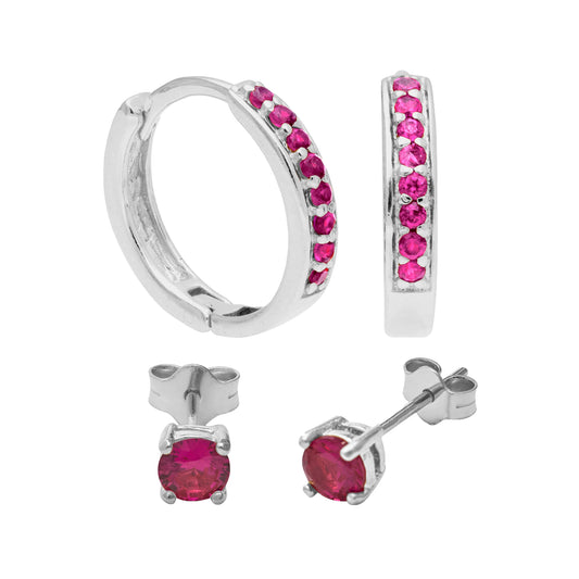 Sterling Silver Ruby CZ 15mm Huggies & 4mm Stud Earrings Set