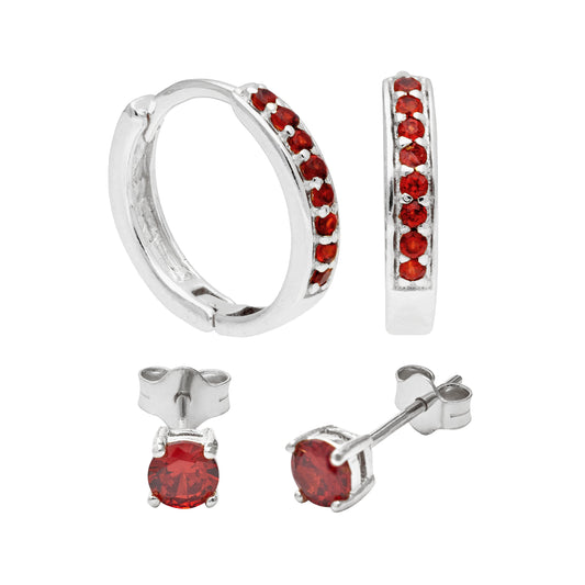 Sterling Silver Garnet CZ 15mm Huggies & 4mm Stud Earrings Set