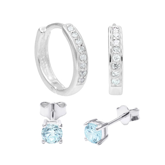 Sterling Silver Aquamarine CZ Huggies & 4mm Stud Earrings Set