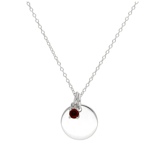 Sterling Silver CZ Birthstone & Round Engravable Tag Necklace 14 - 22 Inches