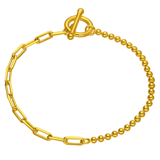 Gold Plated Sterling Silver T-Bar Paperclip Ball Chain Bracelet