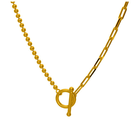 Gold Plated Sterling Silver T-Bar Paperclip Ball Chain Necklace
