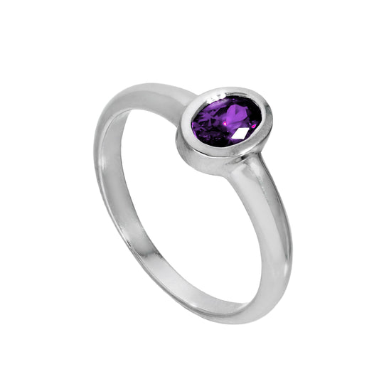 Sterling Silver & Amethyst CZ Crystal Oval February Birthstone Ring Sizes J - U