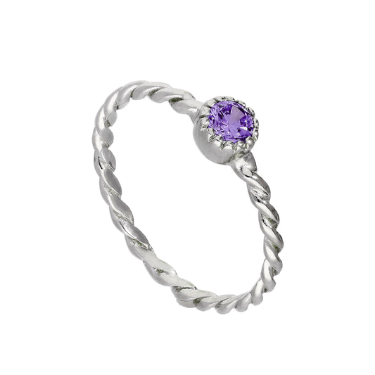 Sterling Silver & Amethyst CZ Crystal February Birthstone Twisted Rope Ring I - U