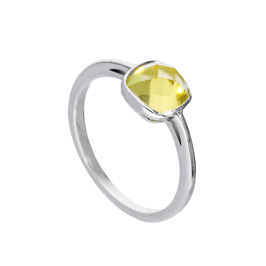Sterling Silver & Genuine Lemon Quartz Ring w Square Setting Sizes I - U