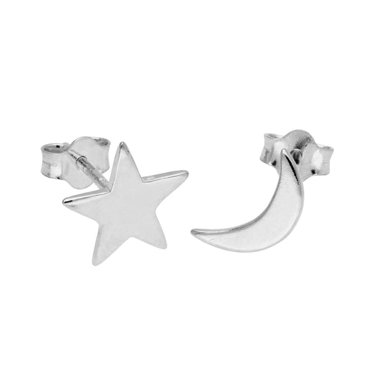 Sterling Silver Star & Moon Stud Earrings