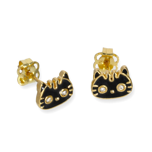 9ct Gold Black Enamel & Clear CZ Crystal Cat Face Stud Earrings