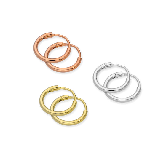Sterling Silver 10mm Sleeper Hoop Earrings Set- Three Colours
