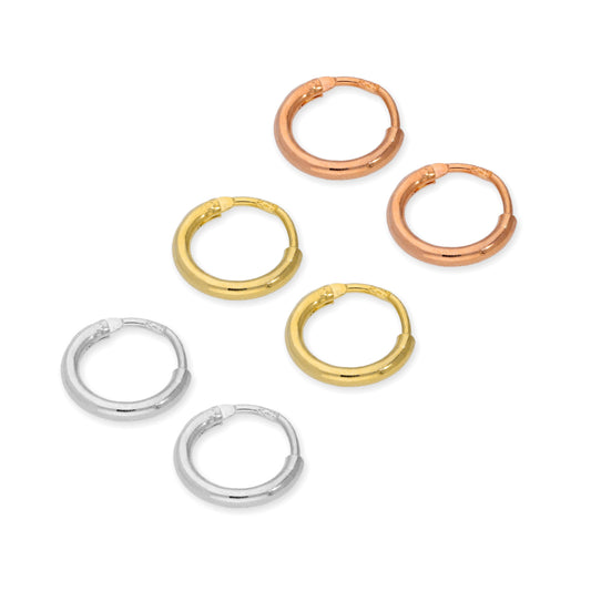 Sterling Silver 8mm Sleeper Hoop Earrings Set- Three Colours