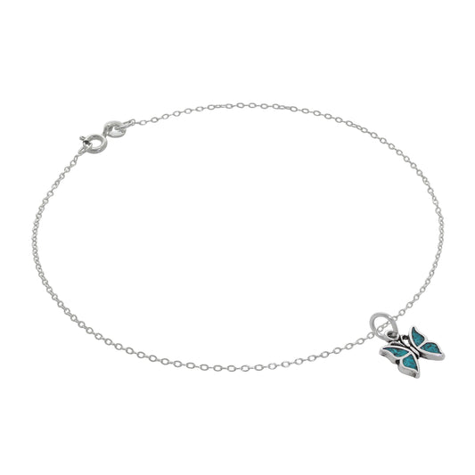 Fine Sterling Silver Belcher Anklet with Small Turquoise Butterfly Charm - 10 Inches