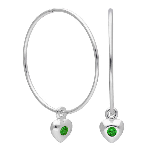 Sterling Silver CZ Crystal Birthstone Heart 10 - 22mm Sleeper Hoop Earrings