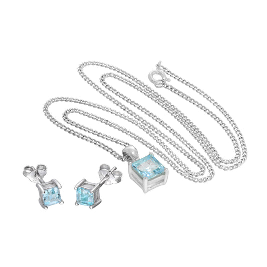 Sterling Silver Square Sky Blue Topaz Pendant on 16 - 24 Inches Chain & Stud Earrings Set