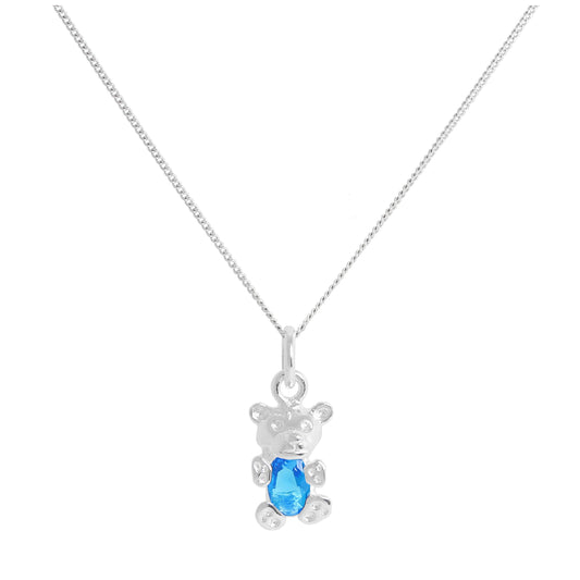 Sterling Silver March Aquamarine CZ Birthstone Bear Necklace 14 - 32 Inches